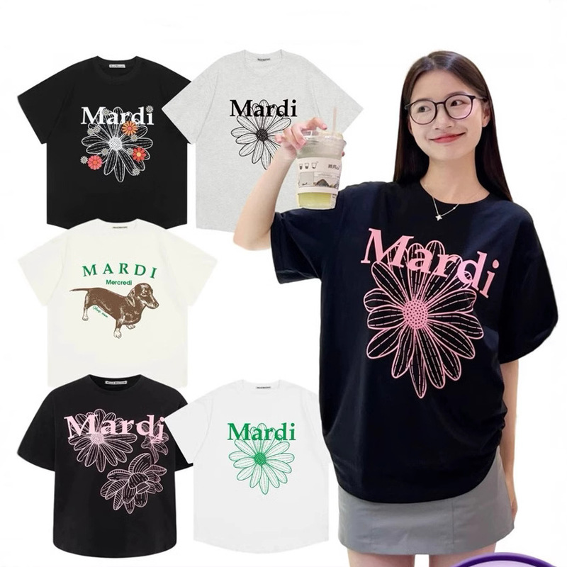 韓国マルディトレンディな半袖フラワープリントゴールドハイシルバー夏ラウンドネック純綿ルーズTシャツトップトレンディ|undefined
