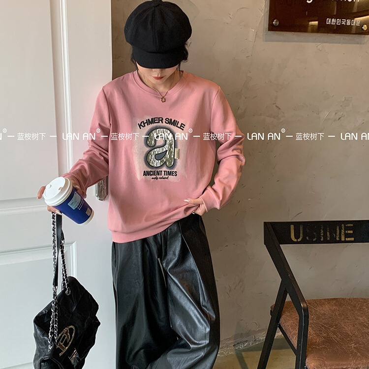 Blue eucalyptus Autumn Autumn autumn double-sided cotton round neck long sleeve loose student sweater letter a shoulder women's top