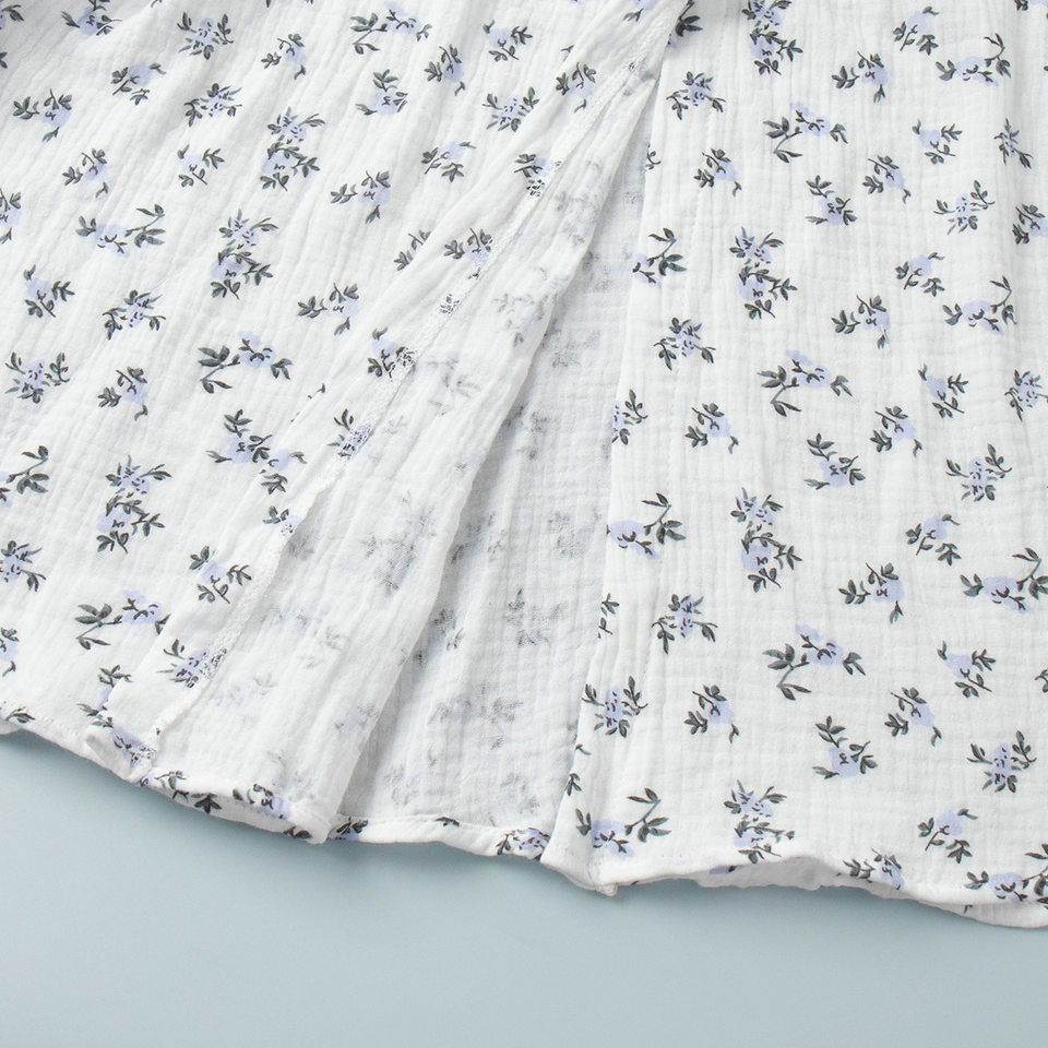 Đầm liền cotton in hoa cổ chữ V tay bồng buộc dây lưng cao — Hoa oải hương, Hoa tulip màu hồng, Màu be, Màu hồng chi tiết 19