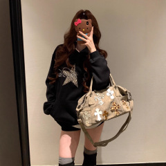 【纯棉华棉复合牛奶丝320克】美式复古豹纹星星印花连帽卫衣女