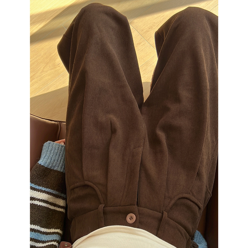 Brown Fashionable Corduroy Suit Pants for Women 2026 Spring and Autumn New Style Fleece-Lined High-Waisted Knitted Casual Wide-Leg Pants