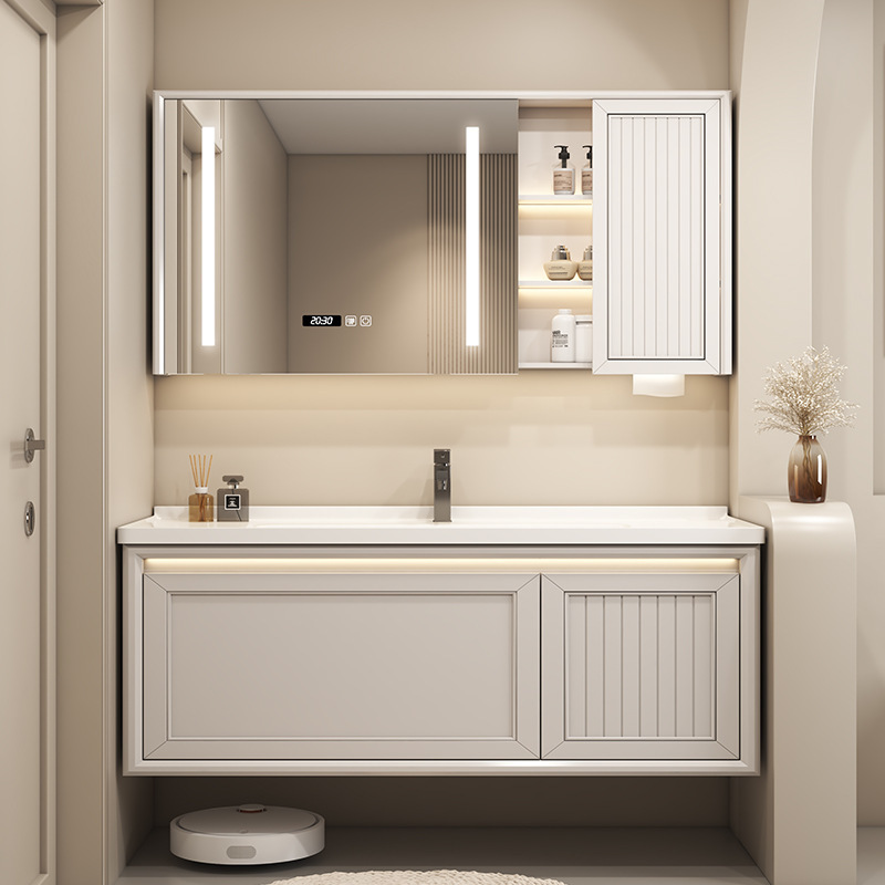 Gabinete de baño personalizado de cerámica de roble combinado de alto grado tallado gabinete lavabo roble inteligente horneado