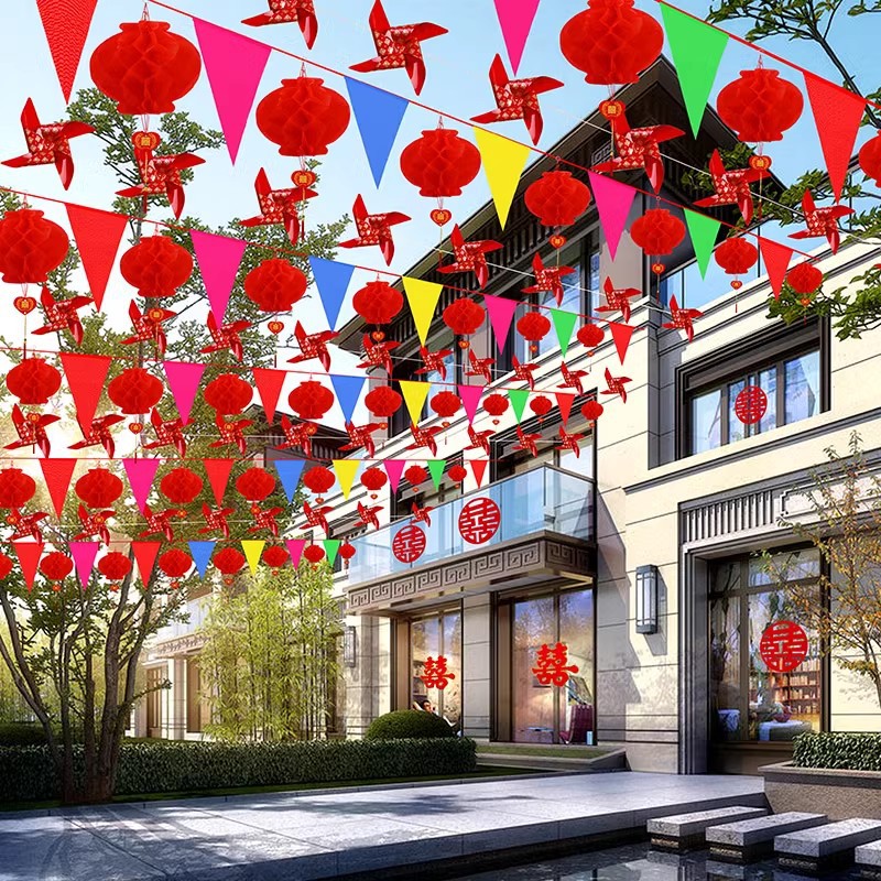 Decoración del patio de bodas al aire libre decoración del patio rural molino de viento colgante decoración de banderas coloridas guía de flores al aire libre patio