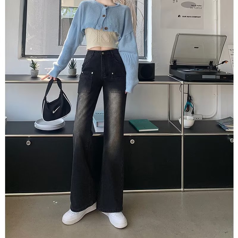 大きいサイズの太った妹のハイウエストのストレートジーンズの女性の秋冬のゆったりしているのが見えます。|undefined
