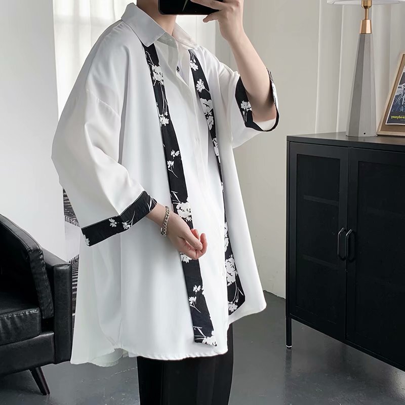 Summer Tie Shirt for Men, Three-Quarter Sleeves, College Style, Versatile, Japanese Style, Hong Kong Style, Loose Fit, Bf Short-Sleeve Shirt, Hong Kong Style Casual