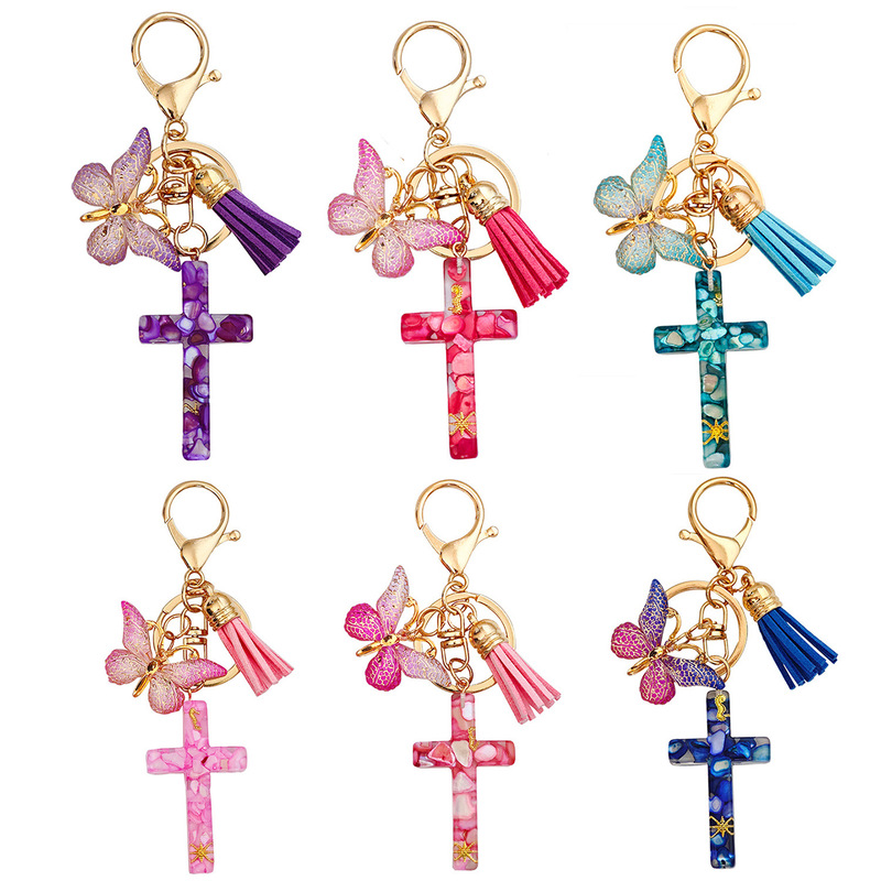 Cross-border tassel butterfly stone seahorse starfish gold foil cross keychain bag pendant European and American vintage keychain