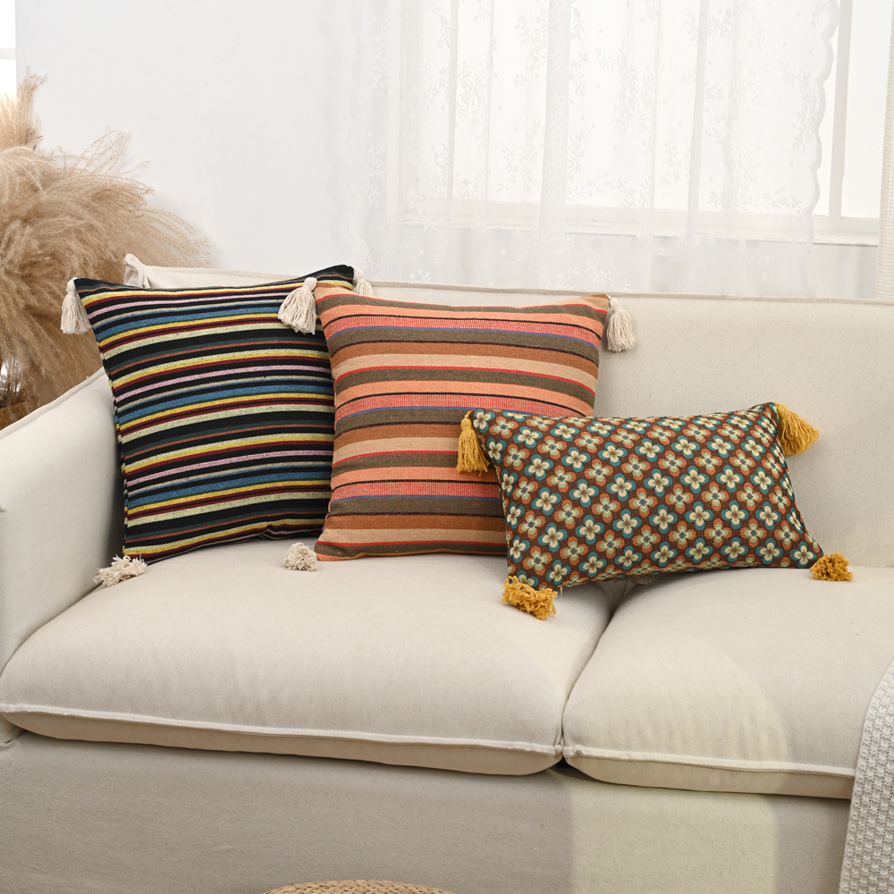 Transfronterizo nórdico ins retro rayas poliéster algodón teñido Jacquard almohada retro brisa colgante cojín de sofá doméstico
