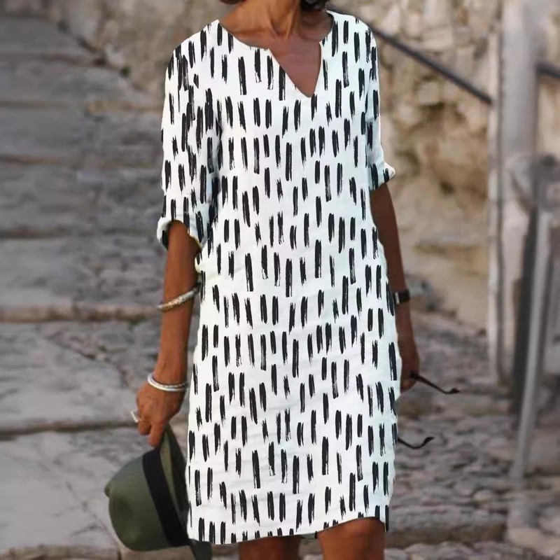 2025 New Color European and American Wish Aliexpress Independent Station Amazon Three-Quarter Sleeve Floral Print Dress Women's Clothing