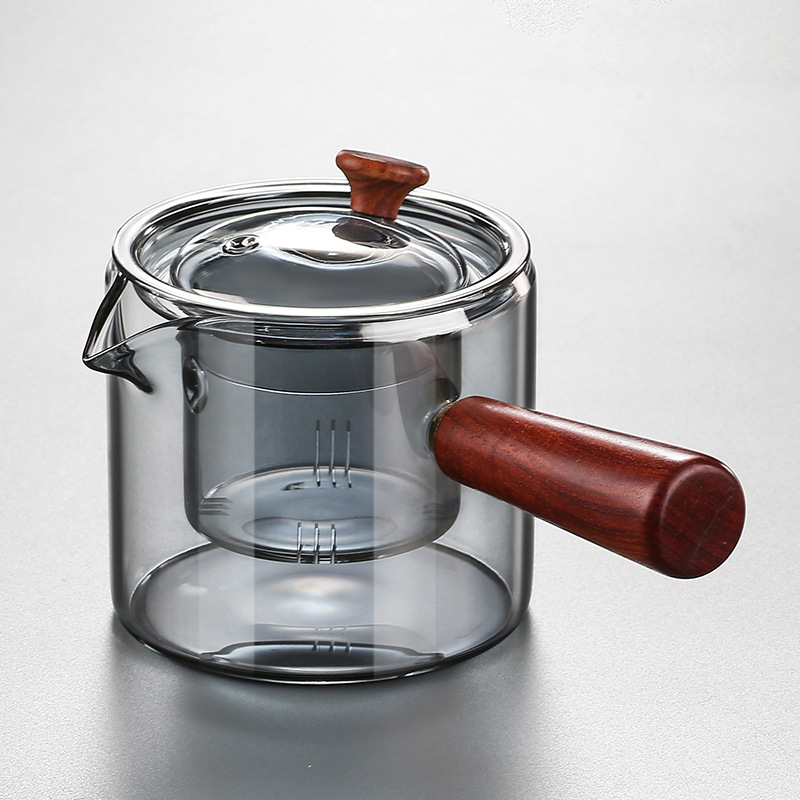 Borosilicato ahumado gris vidrio tetera mango lateral olla mango de madera maciza olla Kung Fu juego de té hogar gran capacidad tetera