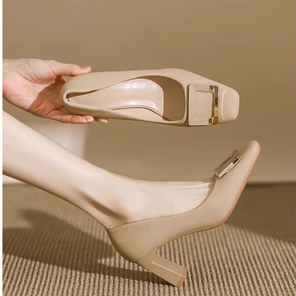 2026 Mary Jane Shoes with Metal Square Buckle, Elegant Square Toe, Chunky High Heels, Shallow Mouth, Fashionable Versatile Single Shoes, Small Leather Shoes