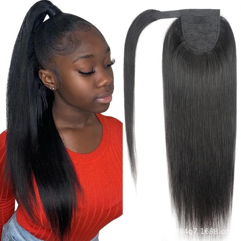 Velcro recta Cola de caballo pelo natural cabello humano real Cola de caballo peluca