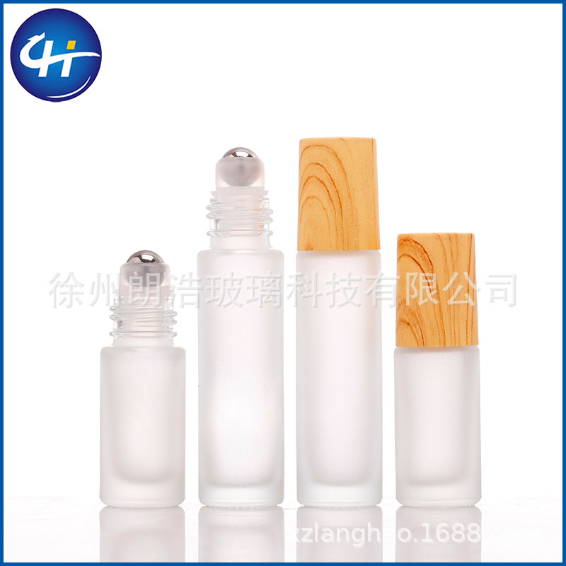 Cross-border 5/10ml Frosted Glass Wood Grain Cap Roll-on Bottle Essential Oil Perfume Roller Bottle Refillable Dispenser Bottle Can Be Packaged as Set