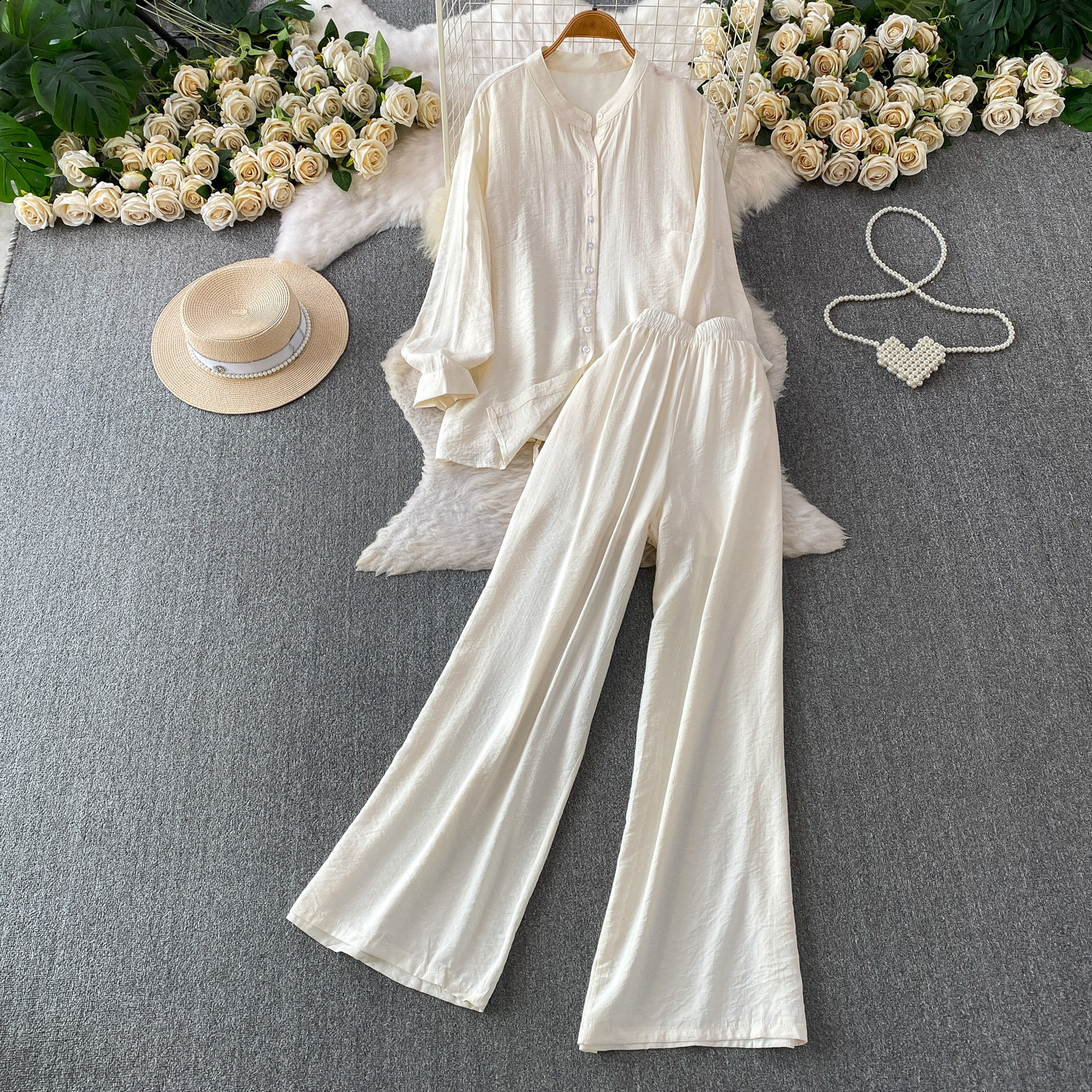 Mambo Mint Green Women's Clothing Set Refreshing Skin Friendly Breathable Loose Fitting Long Sleeved Shirt Jacket with High Waisted Wide Leg Pants_ecoleips.com