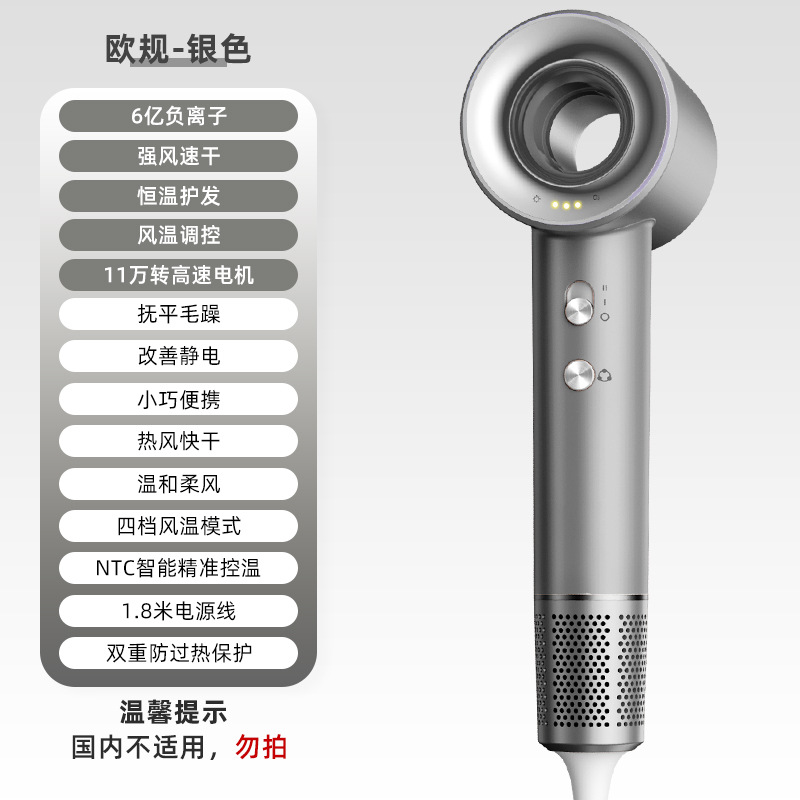 【D8-D】실버【유럽 규격 - 220V】- 11만 RPM 브러시리스 모터 + 6억 개 음이온 + 중공 디자인 + 자석 흡입 노즐 + 1600W