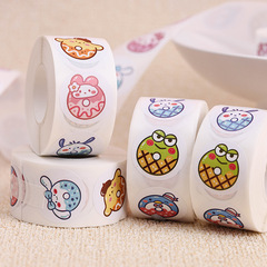 Three Lio Donut Sticker Seal 500PCS Roll Self-Adhesive Label Children Cartoon Roll Roll Sticker Wholesale