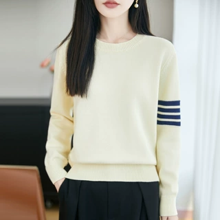 跨境秋冬新款100%棉线圆领针织衫女长袖百搭条纹打底衫宽松外穿毛
