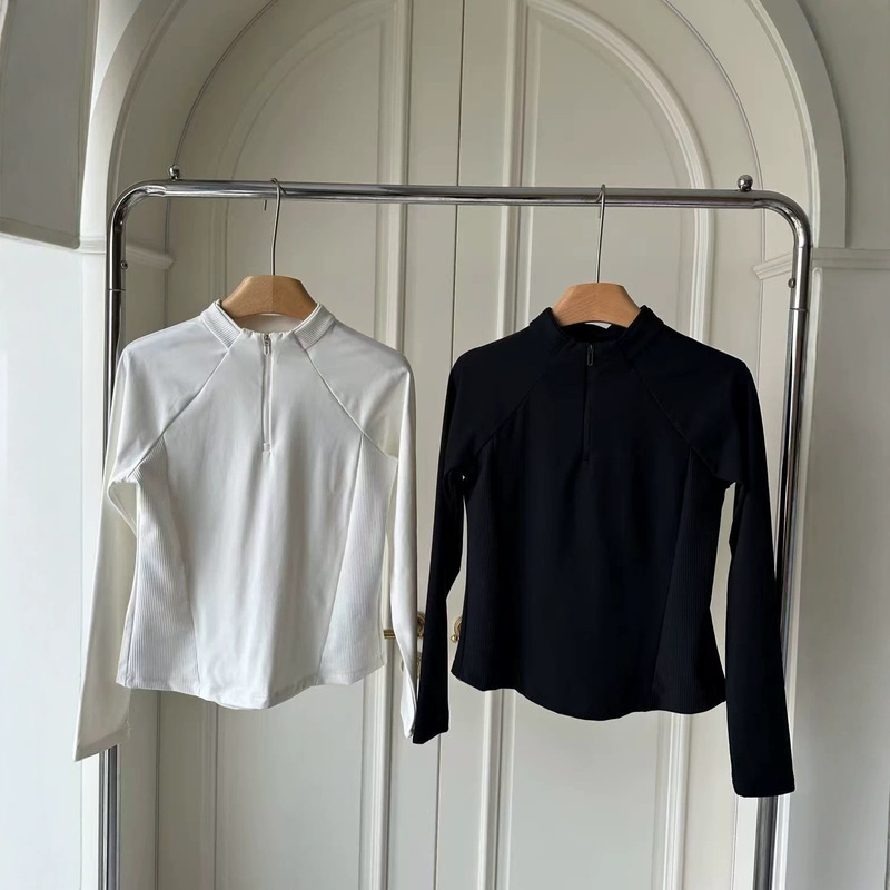 [yy9151] Women's new autumn collection: patchwork design, brushed fabric, half-zip, slim-fit T-shirt, perfect as a base layer