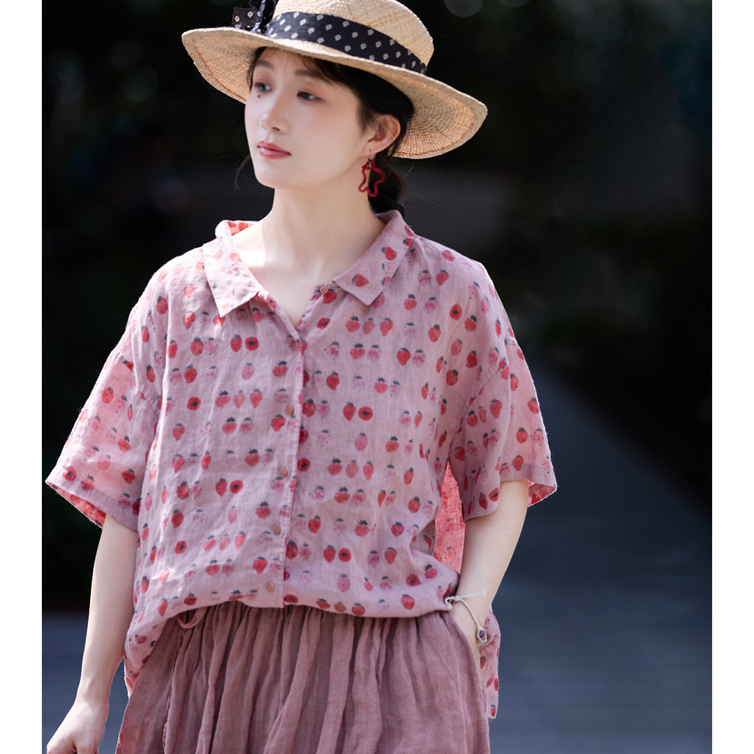High-end, best-selling pink strawberry linen collared versatile sun-protective short-sleeved shirt, new loose-fitting casual top.