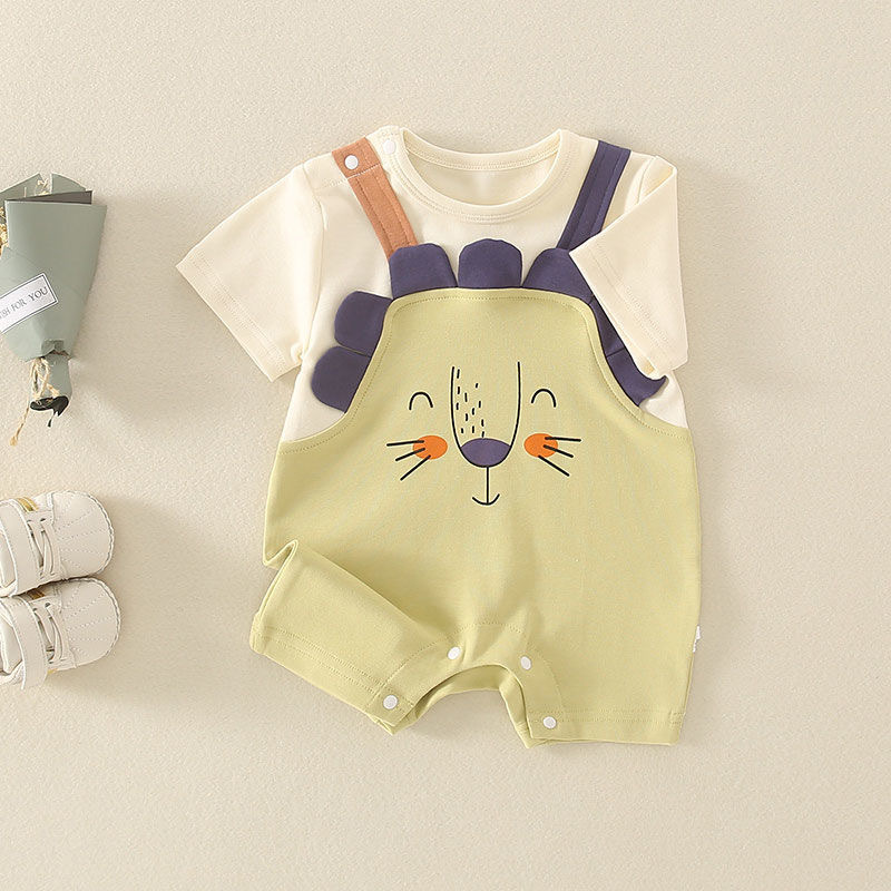 Baby Summer Clothes for Boys, Thin Onesies, Cartoon Lions, Fake Two-Piece Summer Clothes, Rompers, Summer Trendy Short-Sleeved Clothes