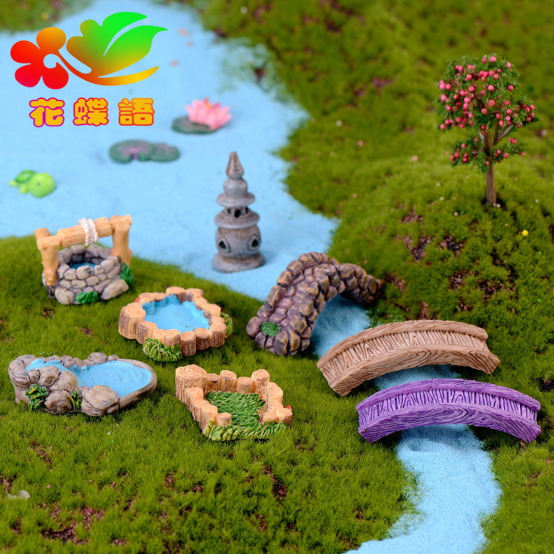 微景观复古仿古树脂场景摆件 西湖灯塔 水井水池 小桥流水草地|undefined