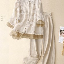 棉麻新中式套装女夏季中风绣花七分袖衬衫阔腿裤亚麻两件套