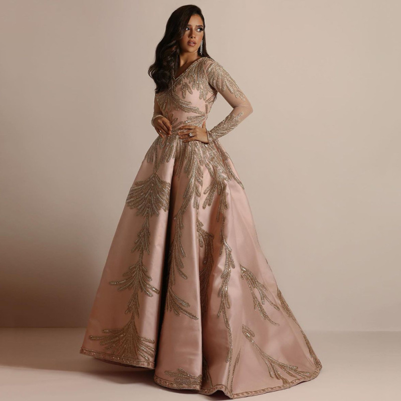 2025 Cross-Border Spring New European and American Foreign Trade Women's Independent Station Hot Stamping Large-Sleeved Long Skirt Banquet Sexy Evening Dress