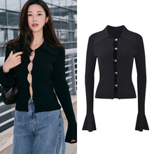 2025秋冬朱珠明星同款黑色镂空喇叭袖修身显瘦时尚百搭针织衫