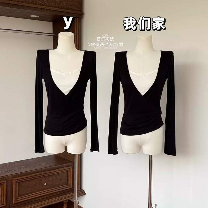 Direct from the manufacturer, in-stock vintage relaxed style faux two-piece V-neck long-sleeve T-shirt for women, youthful and slim-fitting top Direct from the manufacturer, in-stock vintage relaxed style faux two-piece V-neck long-sleeve T-shirt for women, youthful and slim-fitting top