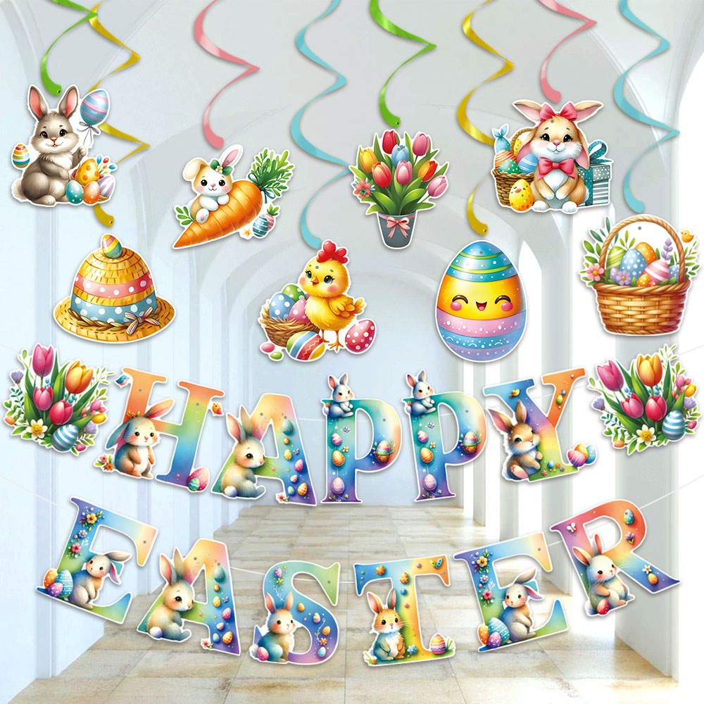 Nuevo banner de fiesta de Pascua espiral Happy Easter banner conejo espiral decoración de conejo de Pascua