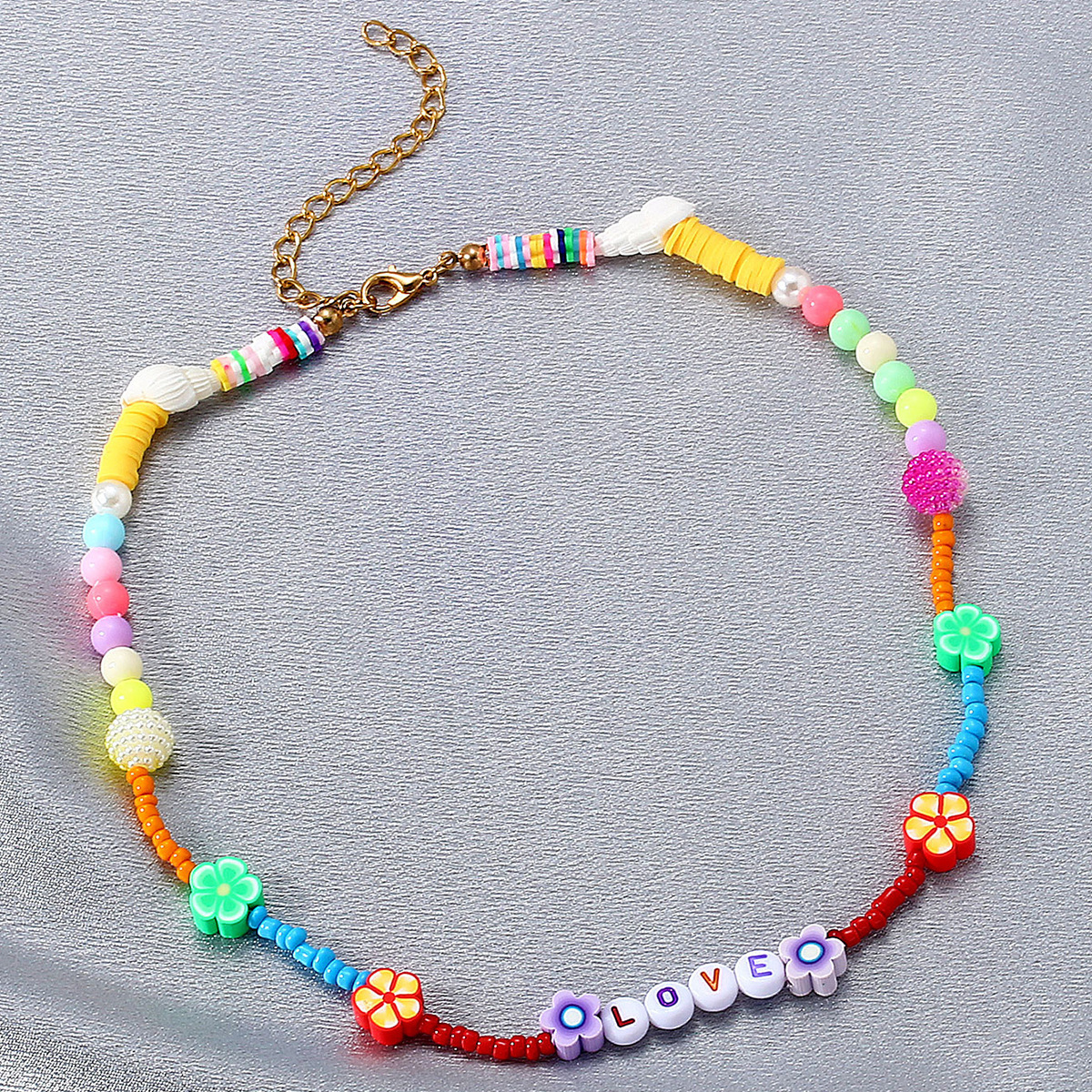 Bohemian soft pottery pieces, flower collarbone chain, ethnic style, colorful handmade rice bead letter neck chain_voghion.com