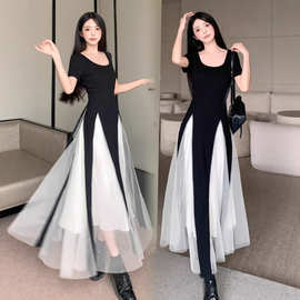 2025年大码女装氛围感拿捏回头率设计感拼网纱连衣裙胖MM显瘦裙女