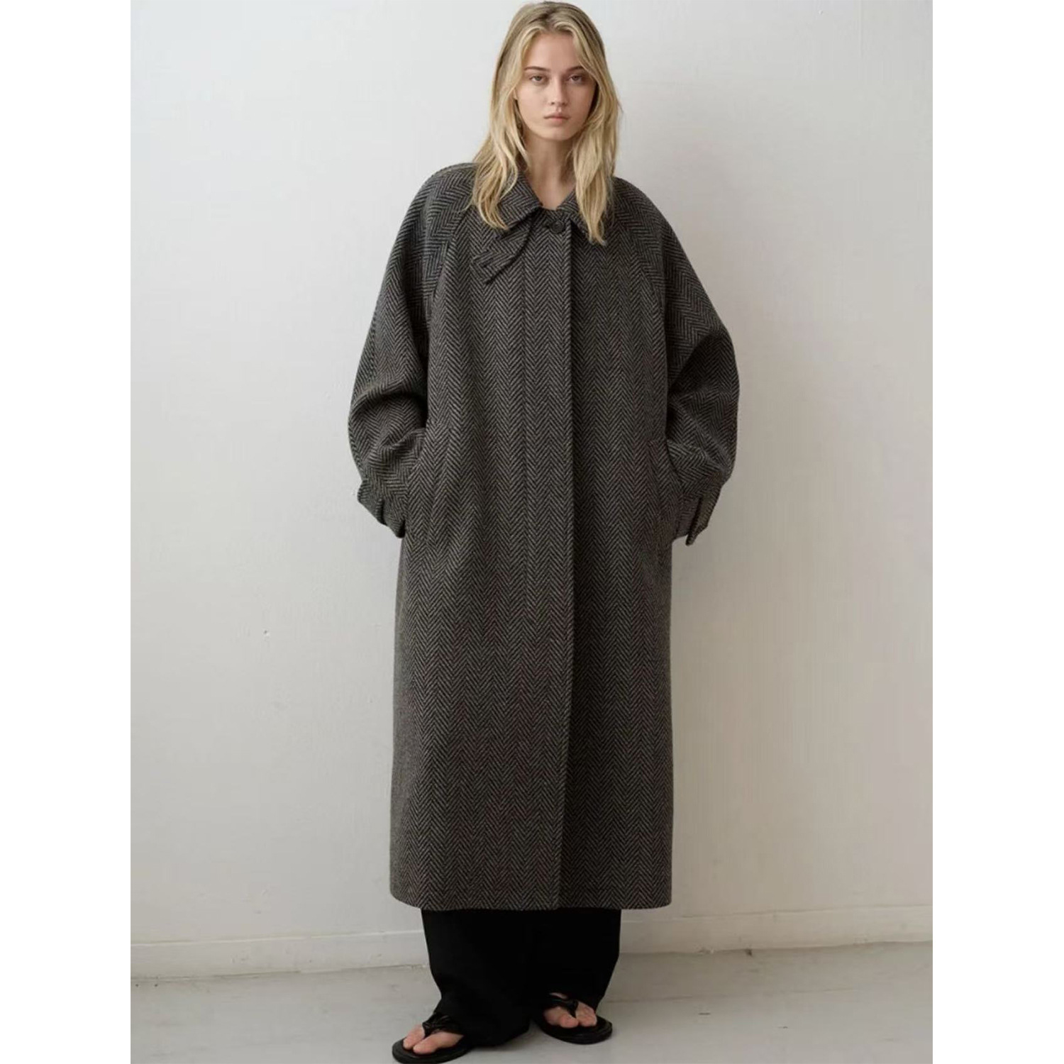 New Colors! Fp Homemade Catfish Outwear Black and White Herringbone Wool Outwear Women's Autumn and Winter Stand-Up Collar Wide Woolen Outwear