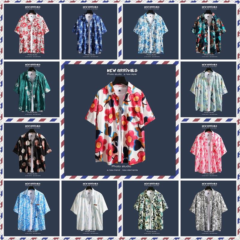 Hawaiian Flower Shirt Men's Short-sleeved Loose Antique Hong Kong Style Retro All-match Ruffian Handsome Couple's Beach Shirt Jacket Trendy