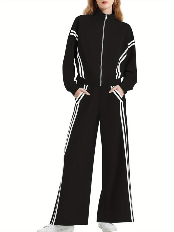 Women's 2 Piece Outfits Zip Up Sweatshirt Contrast Striped|undefined