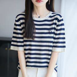 撞色薄款莱赛尔天丝t恤女2026夏季新款时尚圆领短袖上衣百搭显瘦