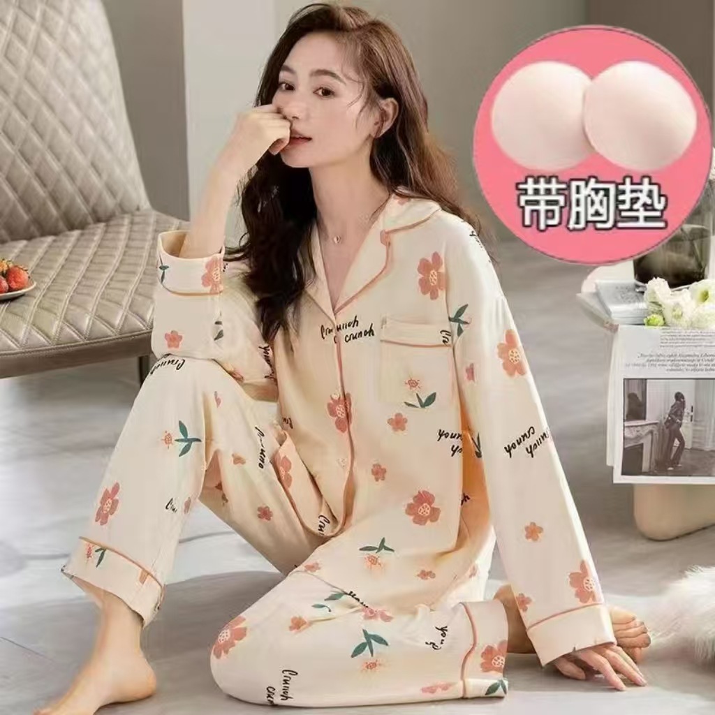 Pijama de otoño de primavera y otoño de algodón de verano con cojín de pecho anti-protuberancia pantalones de manga larga cardigan de alta calidad ropa para el hogar