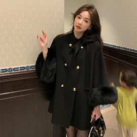 高级感法式毛呢外套秋冬新款气质加厚保暖毛毛袖口呢子大衣小个子