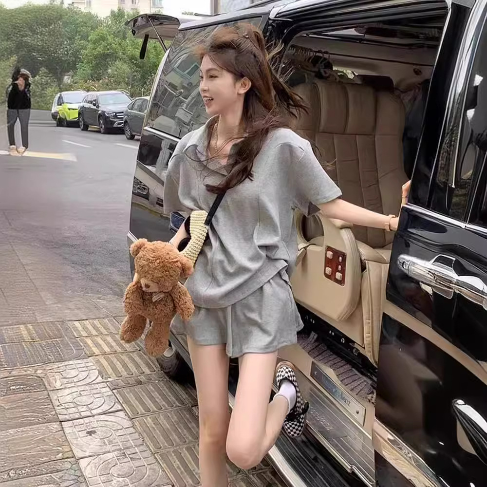소금 운동복 느슨한 세트 여성 여름 한국식 느슨한 패셔너블 반바지 캐주얼 플러스 사이즈 투피스 세트