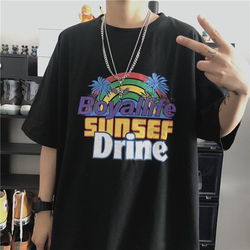 Summer New Korean Style Harajuku Retro Rainbow Two-Color Letter Print Student Loose Short-Sleeve T-Shirt for Men and Women Summer New Korean Style Harajuku Retro Rainbow Two-Color Letter Print Student Loose Short-Sleeve T-Shirt for Men and Women
