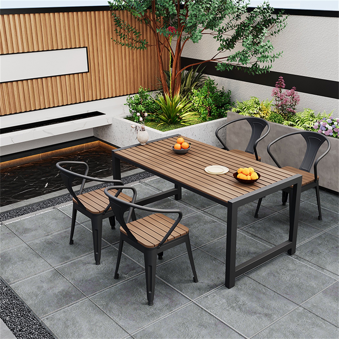 Juego de mesas y sillas al aire libre Parque de ocio Jardín Jardín Mesa de café Café Snack Street Combinación de mesas y sillas largas al aire libre