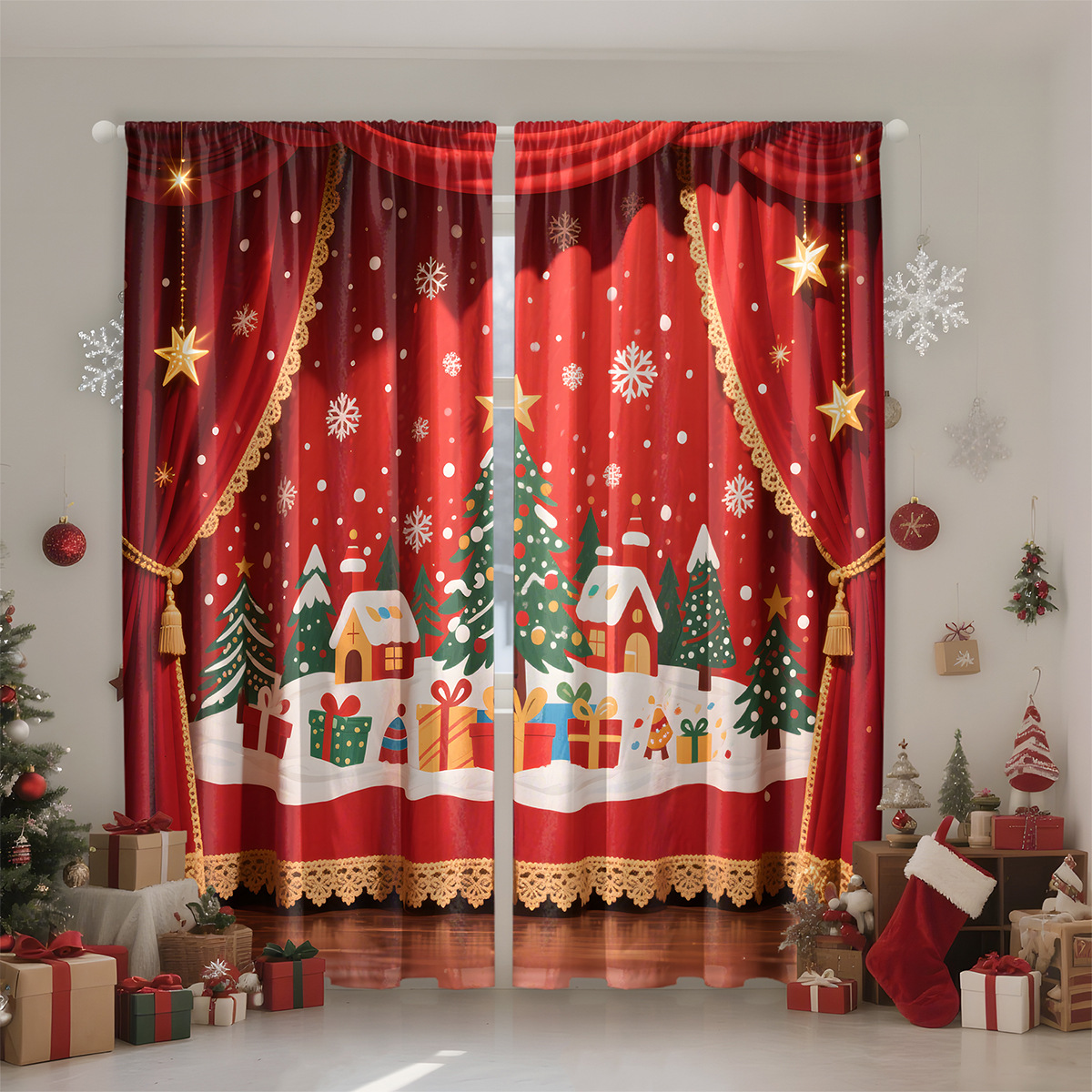 Amazon transfronteriza impresión digital de cortinas de Navidad sombreado decoración de Navidad europea y americana TEMU