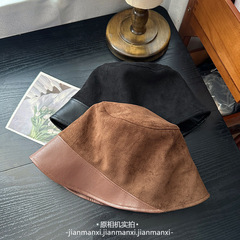 日系小众设计素颜遮脸渔夫帽子女秋冬百搭pu皮质显脸小水桶帽盆帽