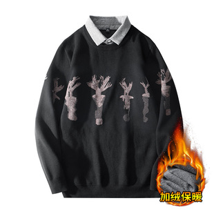2022 autumn and winter New fleece-lined thickened fake two-piece sweater fashion animal pattern jacquard sweater