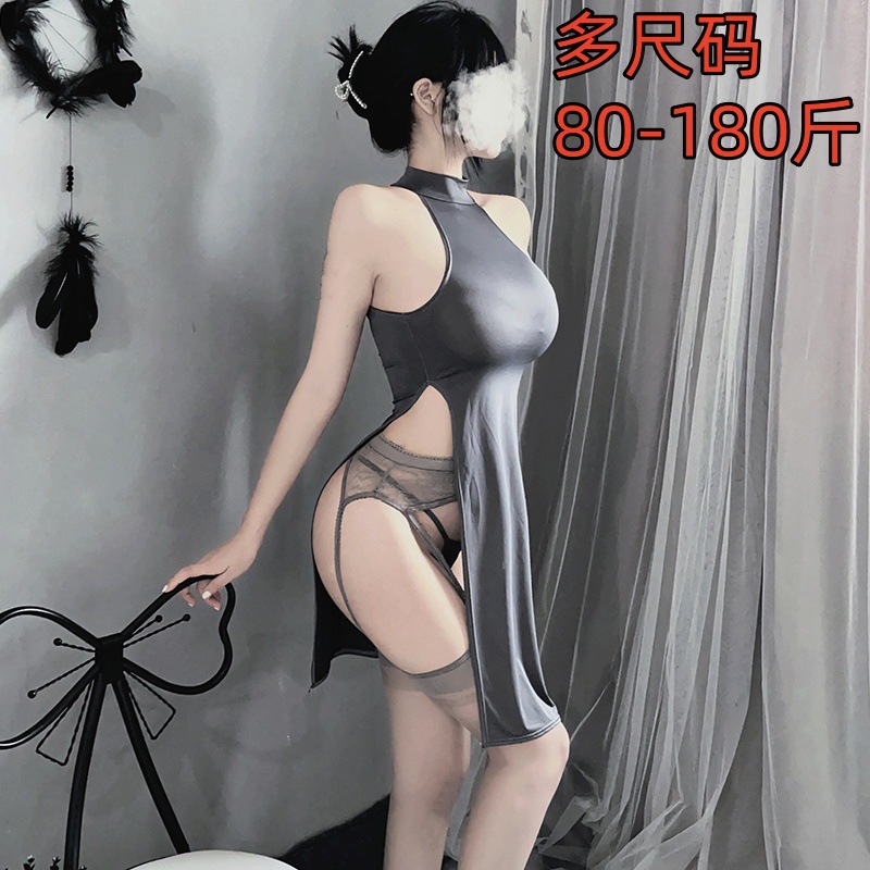 770 Sexy Lingerie, Sexy Cheongsam with Slit, Long Skirt, Revealing Buttocks, Nightdress for Women, Summer, High Elasticity, Plus Size, Uniform, Role-Playing, Dropshipping