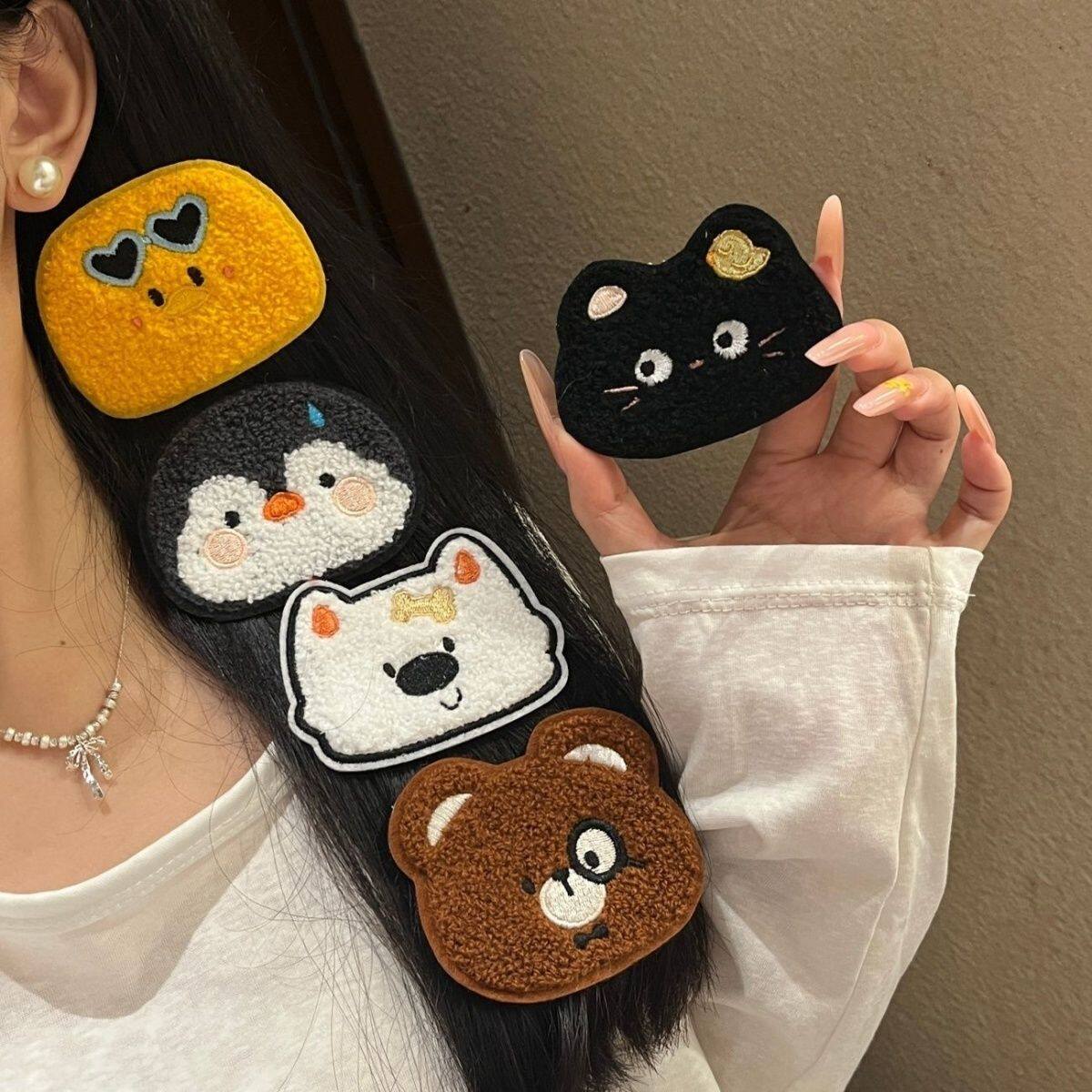 Autumn and Winter Plush Animal Bangs Stickers, Cartoon Cat and Duck Magic Hair Stickers for Girls' Forehead Hair