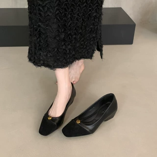 法式小香风坡跟单鞋女2025秋冬新款浅口毛呢一脚蹬高跟拼接通勤鞋