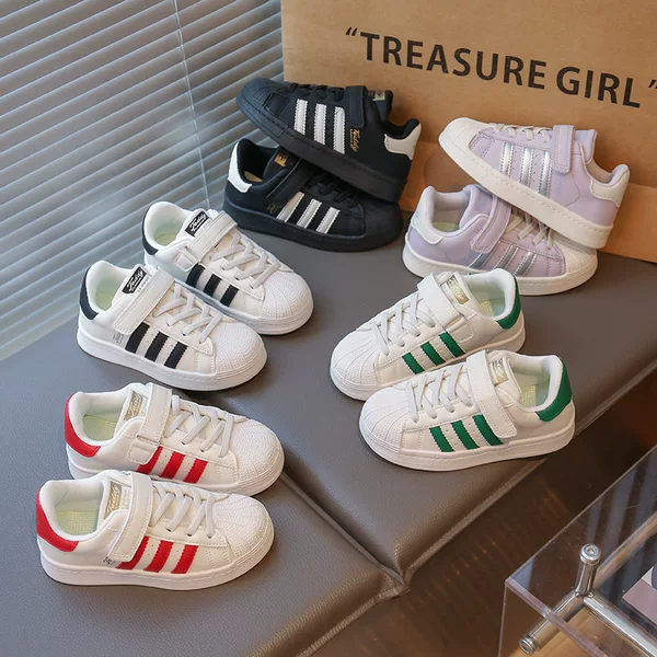 Sneakers with Shell Toe, 2025 Spring/Summer, Boys and Girls, Leather Patch Sole, Velcro, Children's School Shoes, Patchwork Style