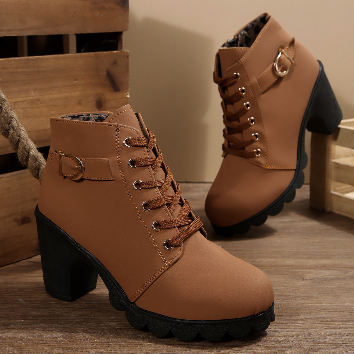 ShoeVault Women's Leather Low-Cut Chunky Round Toe High Heel Lace-Up Brown Ankle Boots Spring Autumn Plus Size Height Increasing_vogvips.com