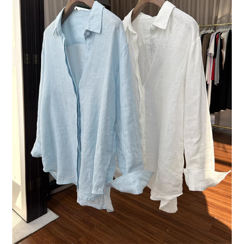 Light Blue Linen Long-Sleeved Sun Protection Shirt for Women, Summer Thin Style, Casual Loose Fit, Versatile Old Money Style Cotton-Linen White Shirt Light Blue Linen Long-Sleeved Sun Protection Shirt for Women, Summer Thin Style, Casual Loose Fit, Versatile Old Money Style Cotton-Linen White Shirt