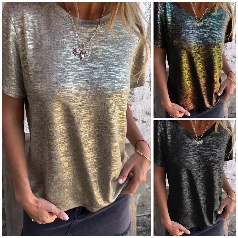 2024 Independent Station Summer Sequin Short Sleeve Round Neck Women's T-Shirt Solid Color Casual Loose Regular Sleeve Trendy Versatile